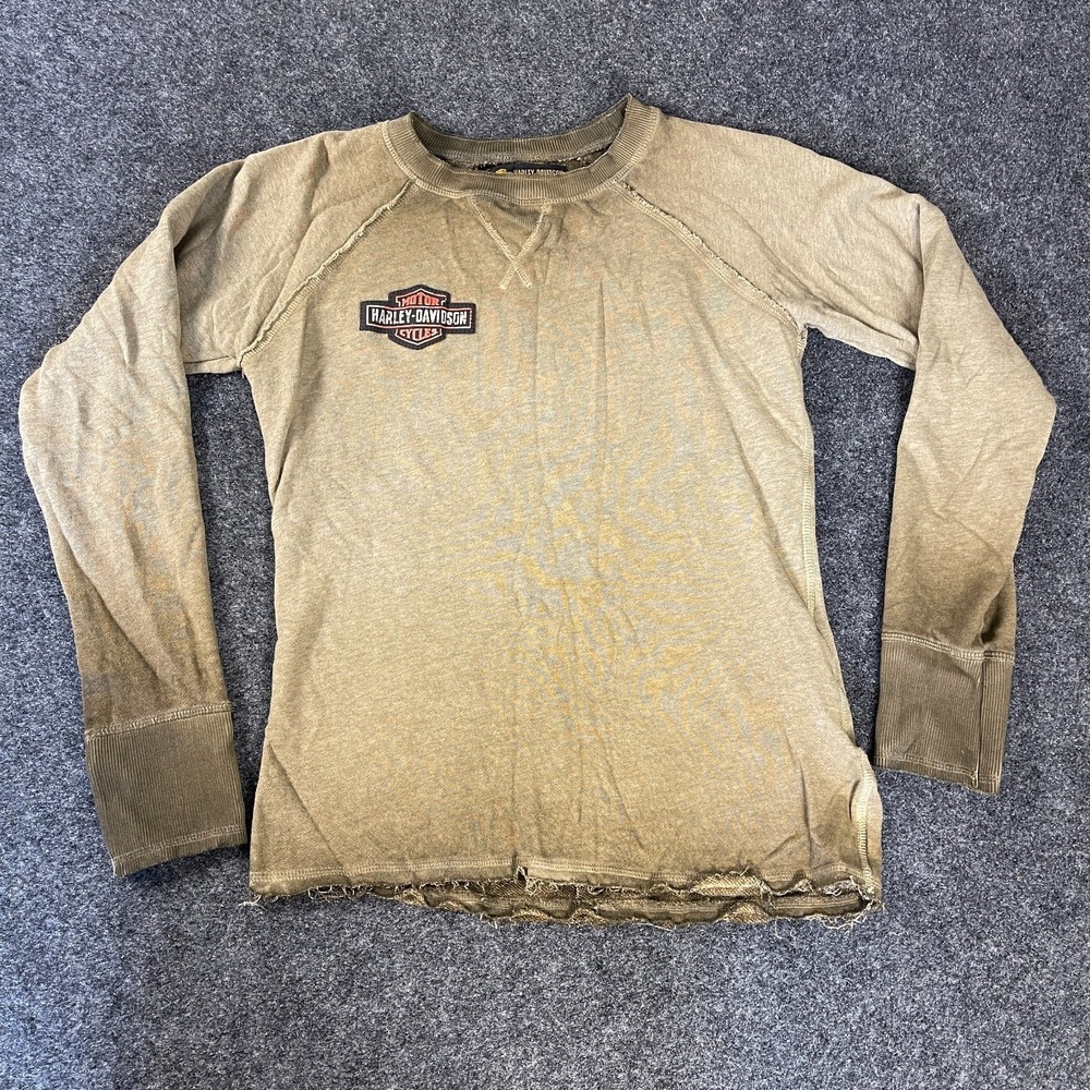 Harley Davidson Womens Small Distressed Sweatshirt Studded Logo Brown Cotton L/S